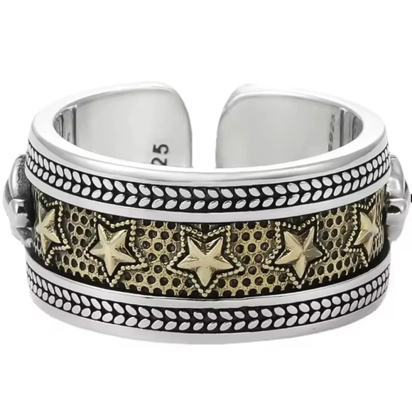 Unisex/Men’s Wide Engraved Gold Star 925 Sterling Silver Adjustable Cuff Ring‎ - Picture 1 of 15